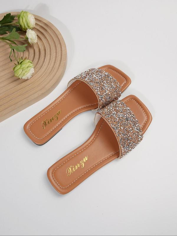 Women's Elegant Rhinestone Decor Slip on Sandals, 2024 Summer Casual Square Toe Slide Sandals for Beach, Fashion Trendy All-match Exquisite Sandals for Women & Girls for Back To School