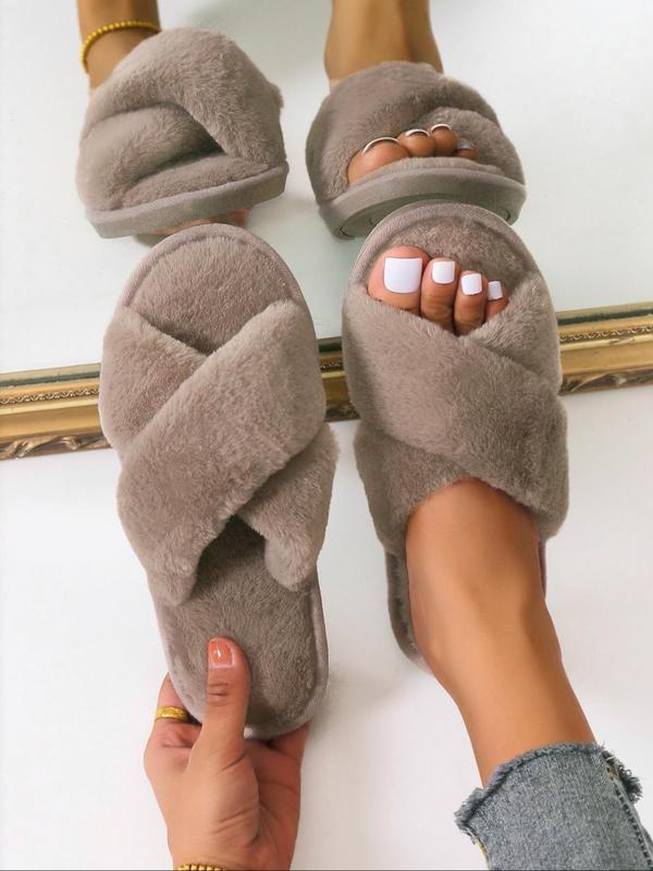 Women's Fashion Solid Color Faux Fur Slide Slippers Back To School, Comfort Sandals, Casual Soft Plush Home Slippers for Women, Home Indoor Criss Cross Bedroom House Slippers, Fluffy Fuzzy Slippers Shoes, Birthday Gifts