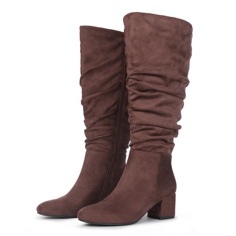 Women's Extra Wide Calf Dress Boots Slouchy Suede Boots with Block Heel