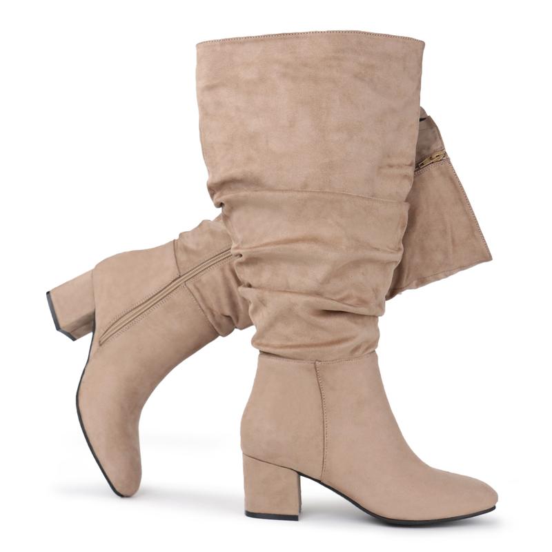 Women's Extra Wide Calf Dress Boots Slouchy Suede Boots with Block Heel