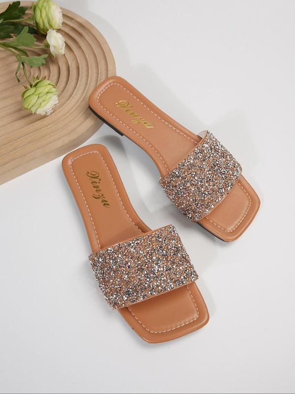 Women's Elegant Rhinestone Decor Slip on Sandals, 2024 Summer Casual Square Toe Slide Sandals for Beach, Fashion Trendy All-match Exquisite Sandals for Women & Girls for Back To School