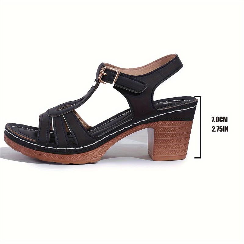 Women's Solid Color Casual Sandals, Ankle Buckle Strap Soft Sole Chunky Heels, Hollow Out Casual Wear Shoe Footwear Summer Girl Walking Shoes Tactical