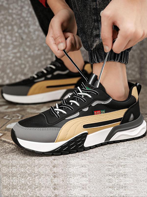 Men's Colorblock Patched Design Lace Up Front Low Top Chunky Sneakers, Casual Comfortable Breathable Sports Running Shoes, Fashionable Casual Sneakers for Daily Wear, Streetwear Shoes for Fall 2024