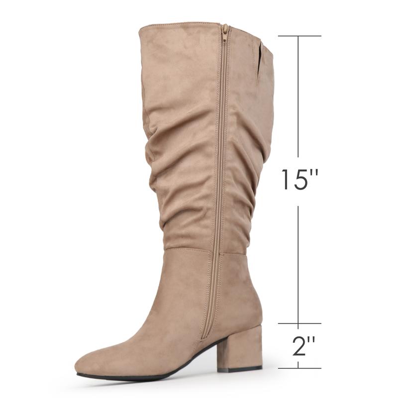 Women's Extra Wide Calf Dress Boots Slouchy Suede Boots with Block Heel