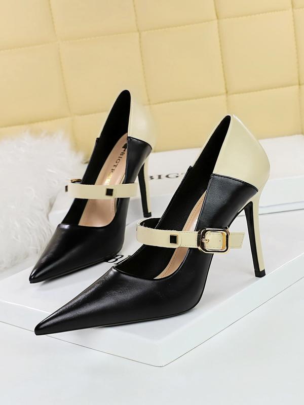 Women's Fashionable Solid Color Stiletto Heels, Buckle Patched Design Pointed Toe High Heels for Party, Daily Wear