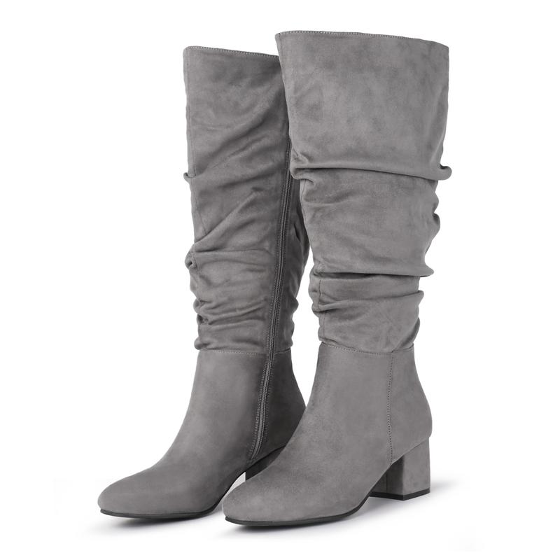 Women's Extra Wide Calf Dress Boots Slouchy Suede Boots with Block Heel