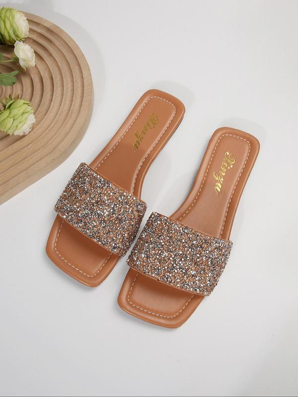 Women's Elegant Rhinestone Decor Slip on Sandals, 2024 Summer Casual Square Toe Slide Sandals for Beach, Fashion Trendy All-match Exquisite Sandals for Women & Girls for Back To School