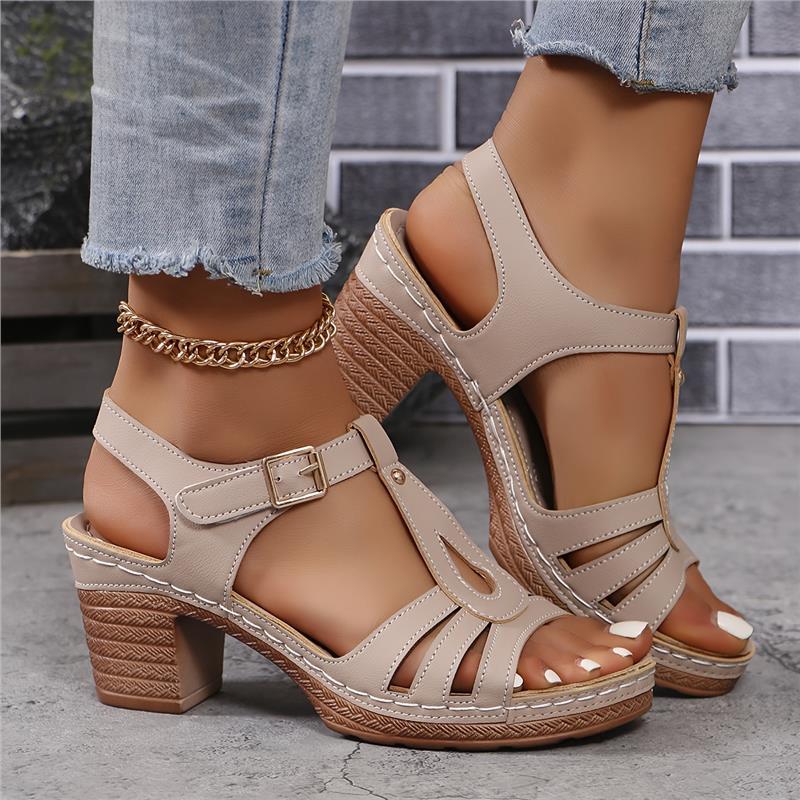 Women's Solid Color Casual Sandals, Ankle Buckle Strap Soft Sole Chunky Heels, Hollow Out Casual Wear Shoe Footwear Summer Girl Walking Shoes Tactical