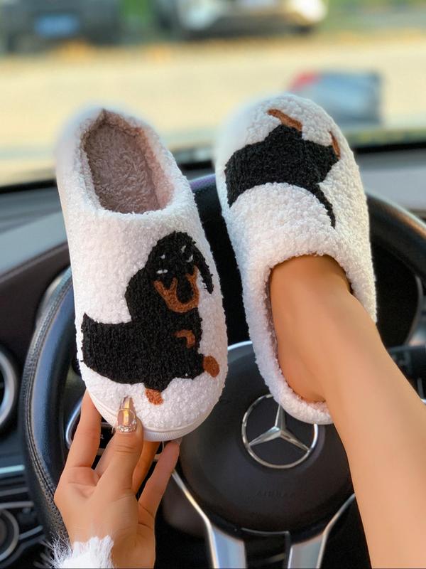 Women's Cute Cartoon Dachshund Pattern Plush Slippers, Casual Soft Comfortable Home Slippers, Warm Slippers for Indoor & Outdoor Use for Fall & Winter