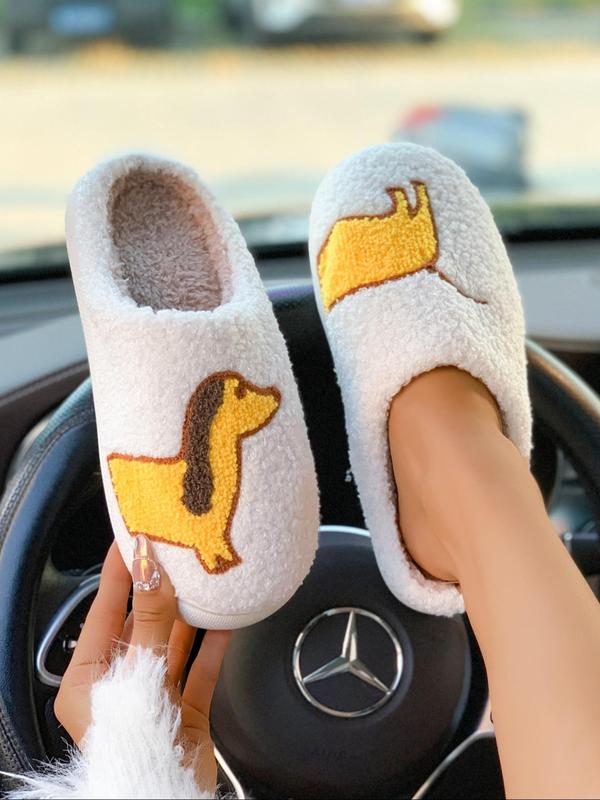 Women's Cute Cartoon Dachshund Pattern Plush Slippers, Casual Soft Comfortable Home Slippers, Warm Slippers for Indoor & Outdoor Use for Fall & Winter