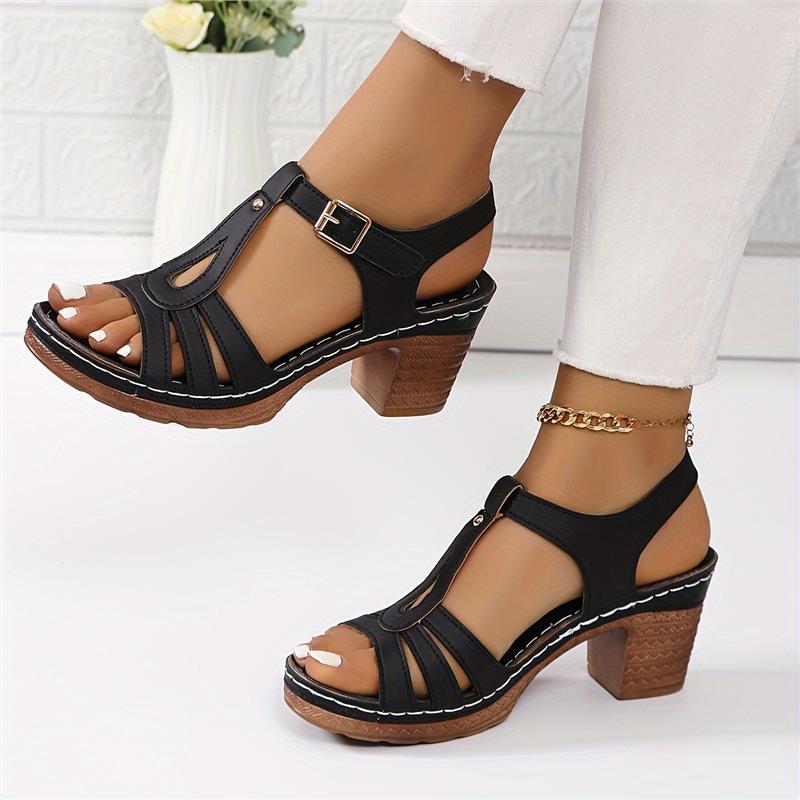 Women's Solid Color Casual Sandals, Ankle Buckle Strap Soft Sole Chunky Heels, Hollow Out Casual Wear Shoe Footwear Summer Girl Walking Shoes Tactical