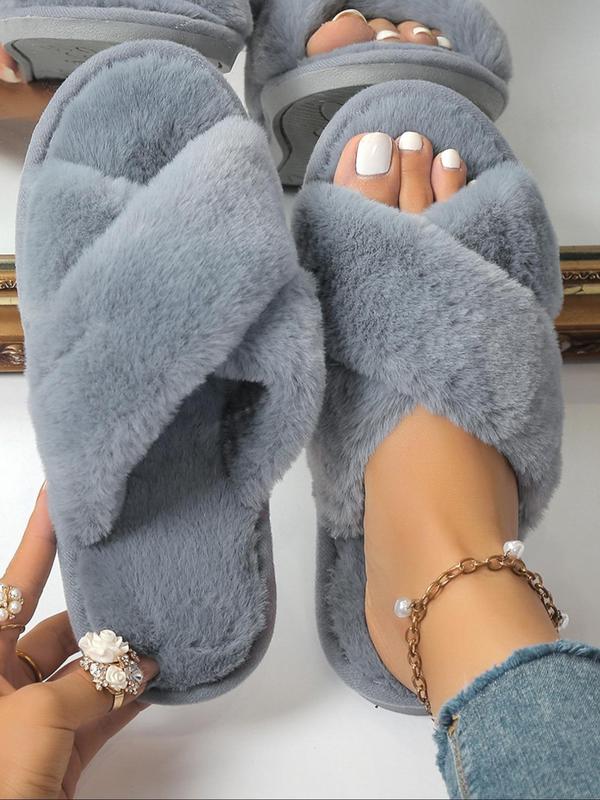 Women's Fashion Solid Color Faux Fur Slide Slippers Back To School, Comfort Sandals, Casual Soft Plush Home Slippers for Women, Home Indoor Criss Cross Bedroom House Slippers, Fluffy Fuzzy Slippers Shoes, Birthday Gifts