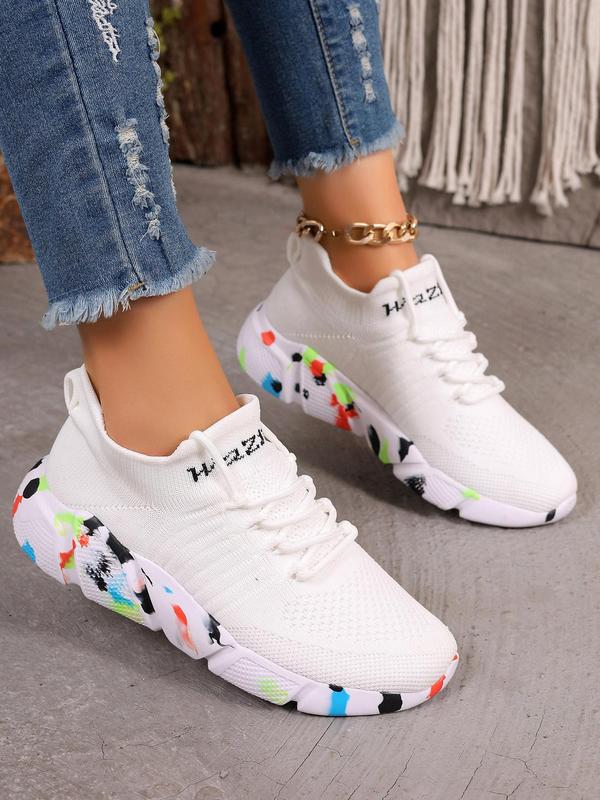 Women's Fashionable Colorblock Letter Pattern Lace Up Front Low Top Sneakers, Casual Comfortable Breathable Sports Running Shoes, All-match Round Toe Chunky Sneakers for Daily Wear