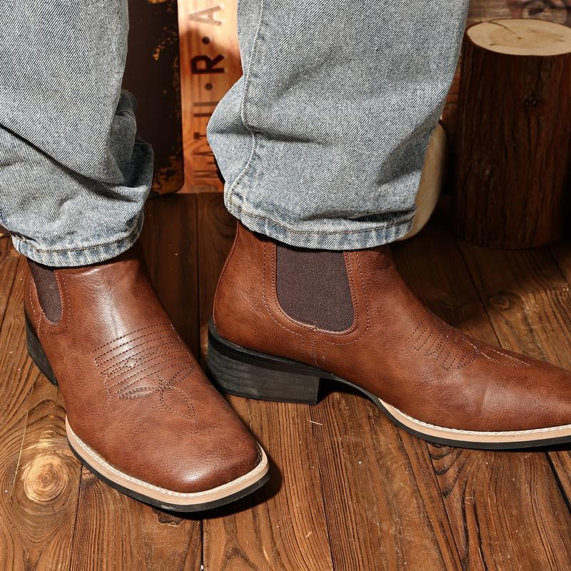 Western Cowboy Boots for Men - Square Toe Chelsea Boots Ankle Casual Retro Stylish Boots Brown Classic Comfort Walking men Shoes