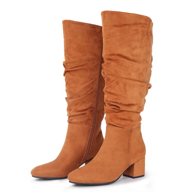 Women's Extra Wide Calf Dress Boots Slouchy Suede Boots with Block Heel