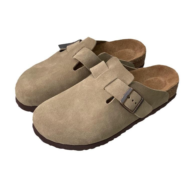 Genuine Leather Cow Suede Birkenstock Half-Slippers, Cork Flat Mules, Closed-Toe Design for Women's Outdoor Wear