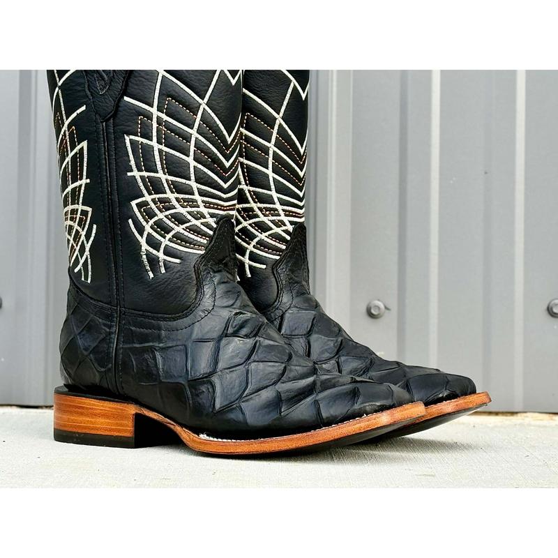 Mens Black Fish Leather Boots With Black Shaft