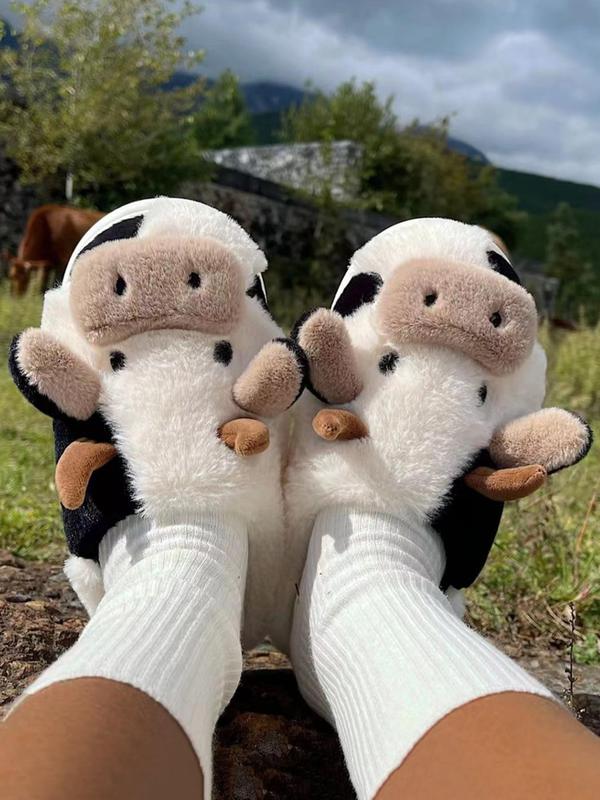 Cute Cow Plush Slippers for Women, Personalized Cartoon Animal Design Soft and Comfortable Slippers, Fall & Winter Fashion Warm Household Slippers, House Shoes, Fall Outfits, Fall Freshness Fluffy Slippers