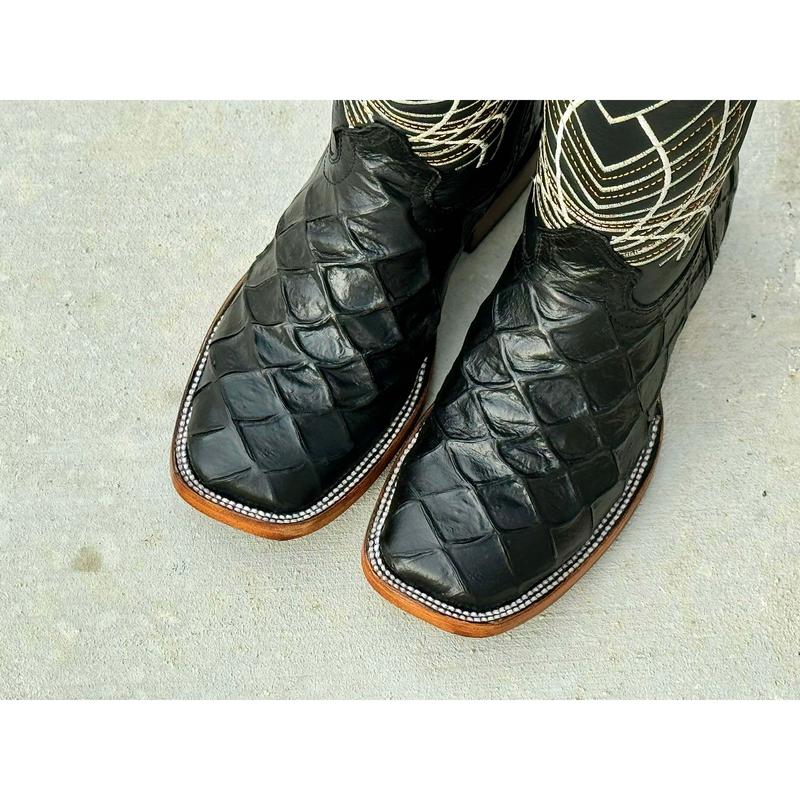 Mens Black Fish Leather Boots With Black Shaft