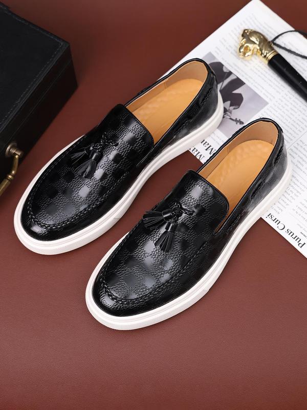 Checked Pattern Tassel Design Slip-on Loafers Men, Tassel Loafers, 2024 Summer Slipon Walking Shoes, Casual Footwear, Matching Flat Shoes for Banquet & Wedding Party, Simple Business Shoes