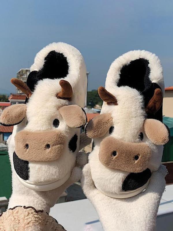 Cute Cow Plush Slippers for Women, Personalized Cartoon Animal Design Soft and Comfortable Slippers, Fall & Winter Fashion Warm Household Slippers, House Shoes, Fall Outfits, Fall Freshness Fluffy Slippers