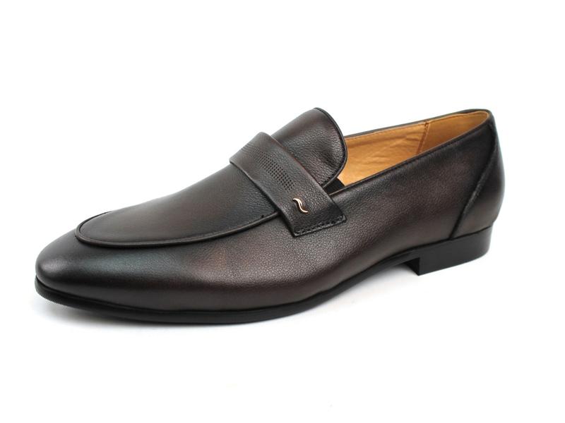 Genuine Leather Exclusive Men's Dark Brown Round Toe Slip On Loafers Formal Dress Shoes AZARMAN