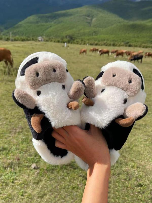 Cute Cow Plush Slippers for Women, Personalized Cartoon Animal Design Soft and Comfortable Slippers, Fall & Winter Fashion Warm Household Slippers, House Shoes, Fall Outfits, Fall Freshness Fluffy Slippers