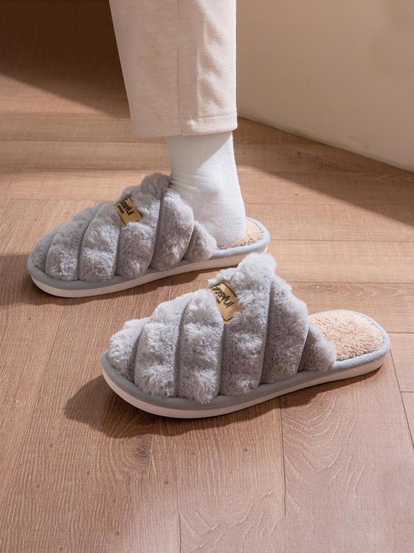 Men's Casual Letter Label Design Plush Slippers, Soft Comfortable Home Slippers, Warm Slippers for Indoor & Outdoor Use for Fall & Winter