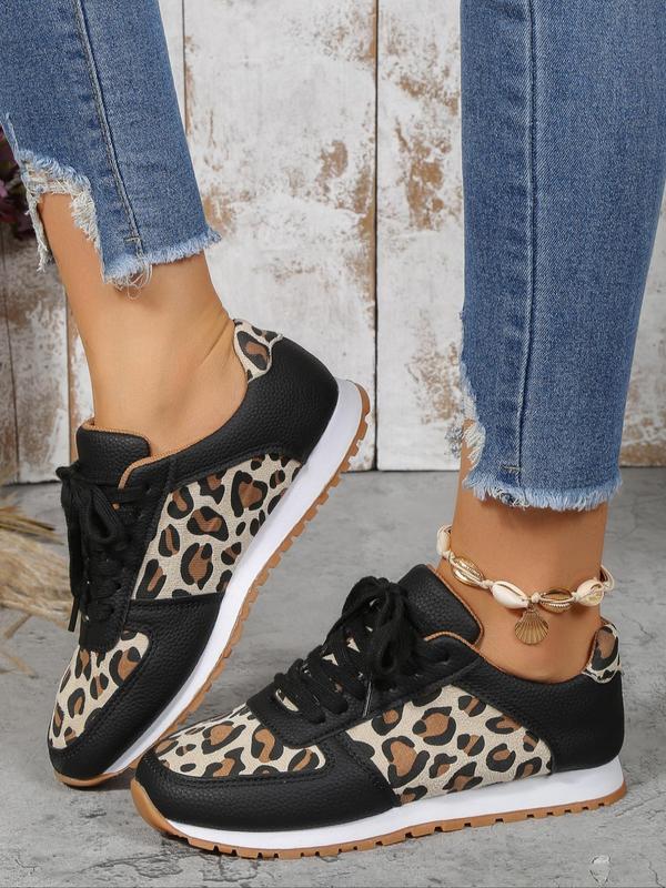 Women's 2024 Trendy Summer Fashion Leopard Pattern Casual Sneakers, Lace Up Front Low Top Summer Sneakers, Casual Comfortable Sports Shoes for Daily Wear, Patched Design Ventilate Walking Shoes, Footwear