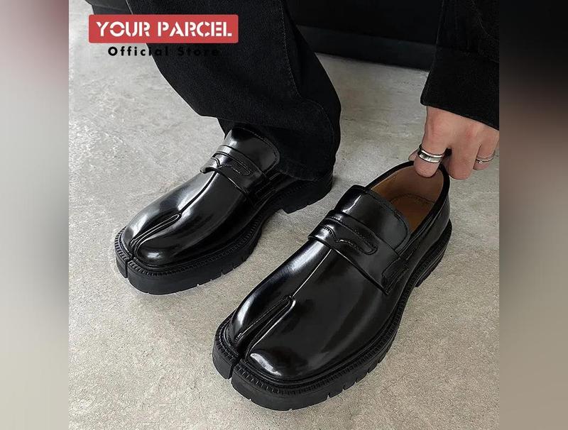 Split toe horseshoe shoes for men's thick sole Lefu shoes Tabi shoes patent leather Korean version trend casual leather shoes