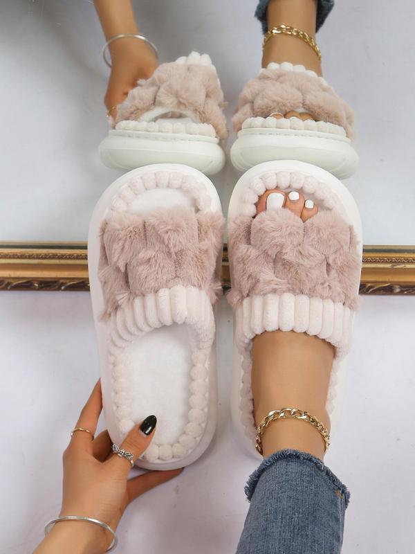 Women's Solid Color Fluffy Plush Slippers, Casual Soft Comfortable Home Slippers, Warm House Slippers for Indoor & Outdoor Use for Fall & Winter