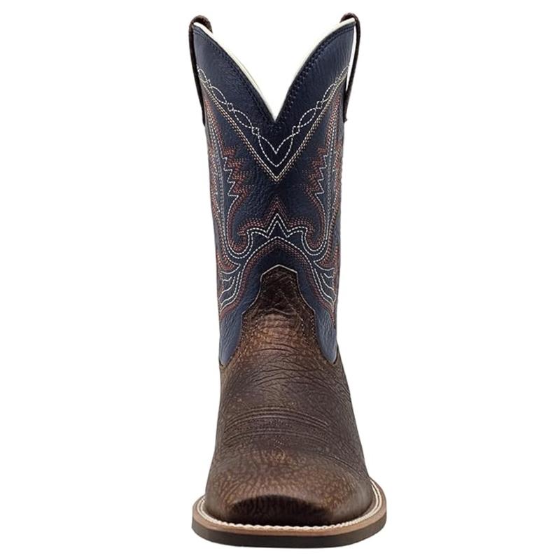 Men’s Western Cowboy Boots - Navy Blue, Mid Calf, Square Toe, Leather, Medium Size, Pull-On - Walking Shoes, Footwear