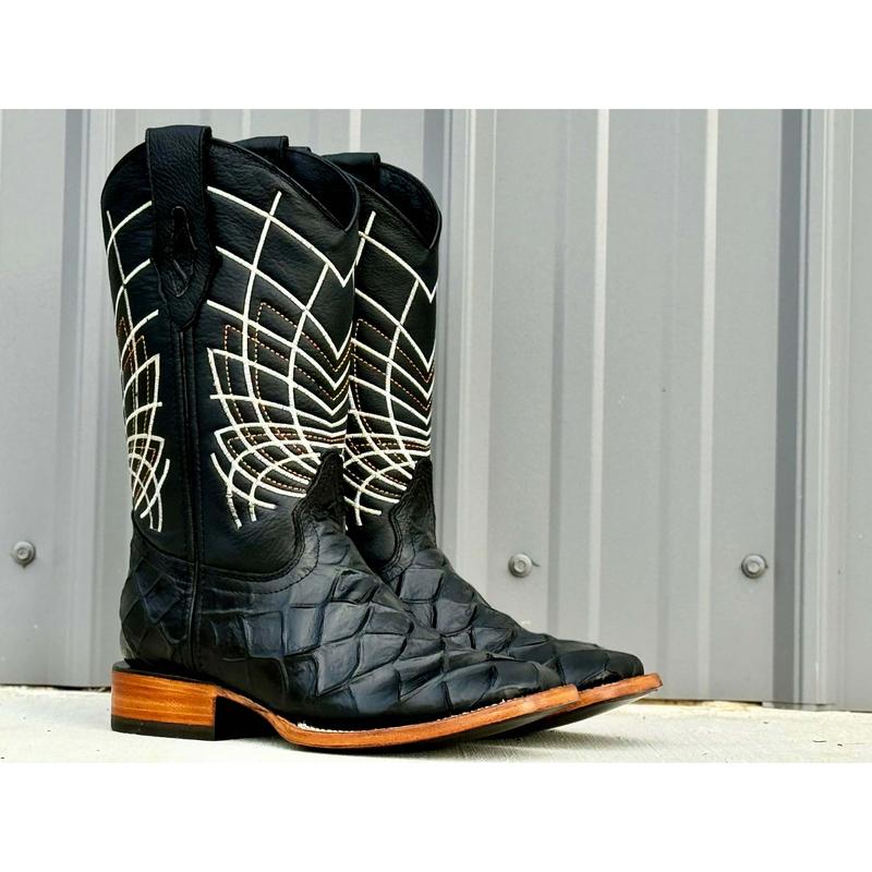 Mens Black Fish Leather Boots With Black Shaft