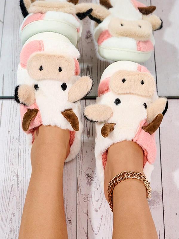 Cute Cow Plush Slippers for Women, Personalized Cartoon Animal Design Soft and Comfortable Slippers, Fall & Winter Fashion Warm Household Slippers, House Shoes, Fall Outfits, Fall Freshness Fluffy Slippers