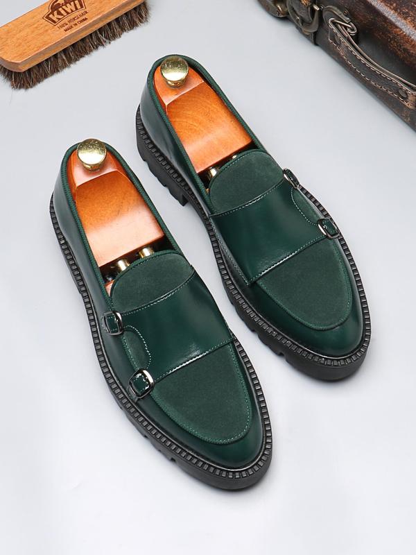 Men's Fashionable Patchwork Design Double Buckle Design Loafers, Casual Comfortable Solid Color Slip on Shoes for Daily Wear, Male All-match Round Toe Shoes for Daily Wear