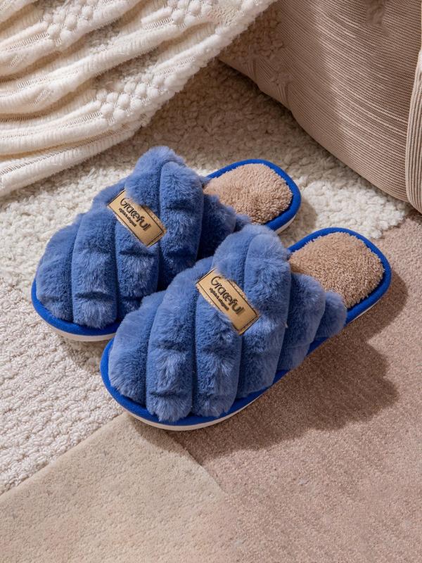 Men's Casual Letter Label Design Plush Slippers, Soft Comfortable Home Slippers, Warm Slippers for Indoor & Outdoor Use for Fall & Winter