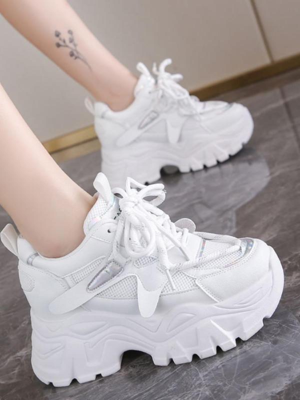 Women's Fashionable Patchwork Design Lace Up Low Top Sneakers, Casual Comfortable Wedge Sneakers, All-match Round Toe Shoes for Daily Wear