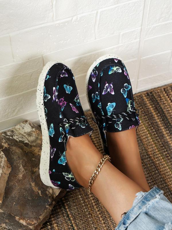 Women's Fashion Butterfly Print Slip on Low Top Sneakers, 1 Pair Casual Comfortable Sports Shoes for Daily Wear, Trendy Floral Print Slip on Flat Shoes