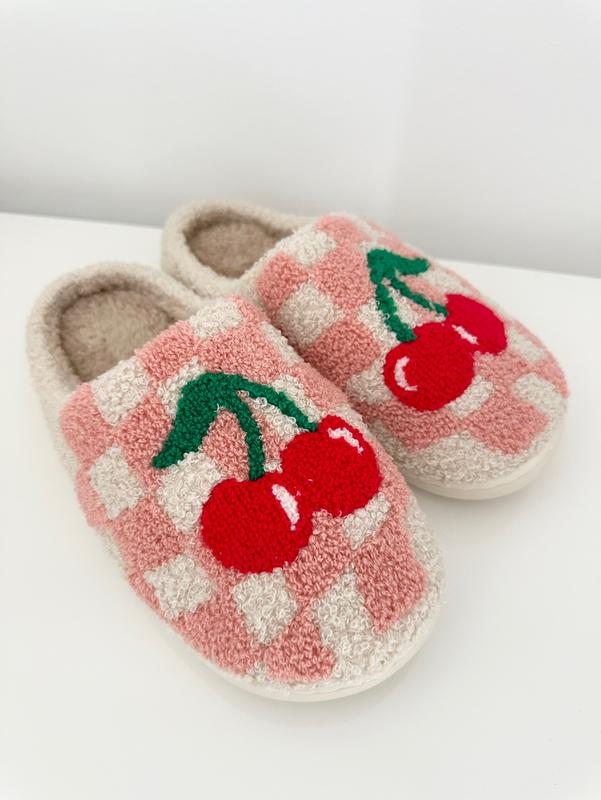 New Cherry Checkered Cozy House Slippers-Warm Trendy Indoor Footwear