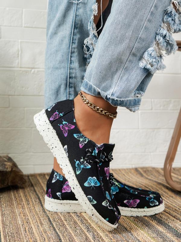 Women's Fashion Butterfly Print Slip on Low Top Sneakers, 1 Pair Casual Comfortable Sports Shoes for Daily Wear, Trendy Floral Print Slip on Flat Shoes