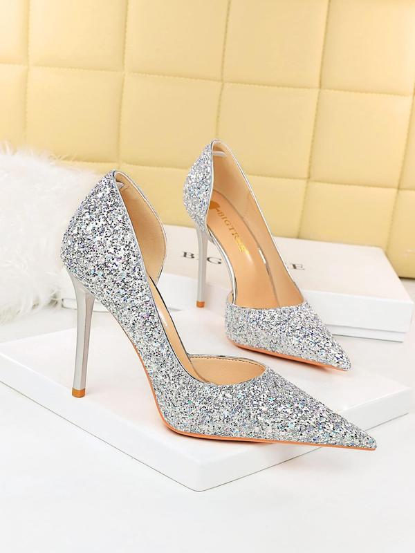 Women's Glitter Pointed Toe High Heel Shoes, Pu Leather Slip on Heels for Party Wedding Evening, Fashionable Heels for Women