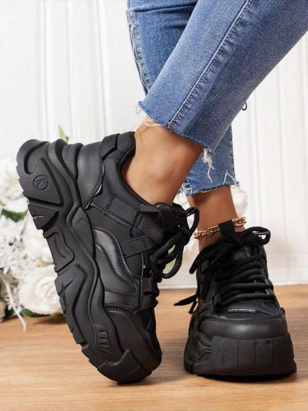 Women's Fashionable Textured Design Lace Up Platform Sneakers, Casual Comfortable Breathable Sports Shoes, Female All-match Round Toe Chunky Sneakers for Daily Life