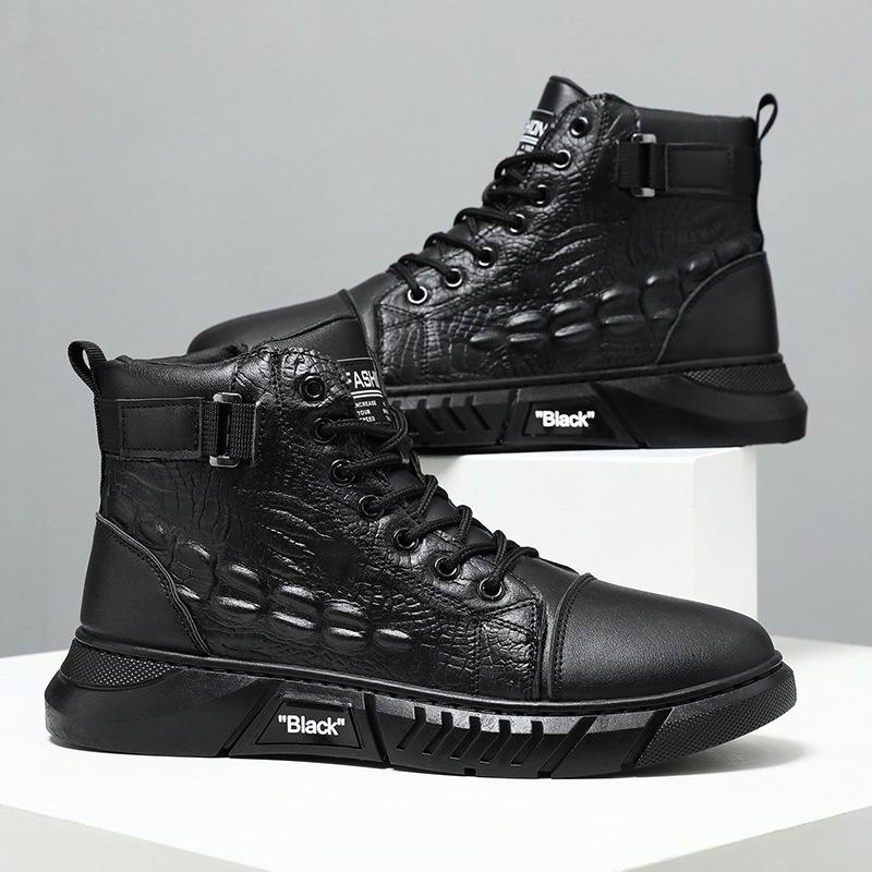 New Men's High-Top Fashion Waterproof Platform Ankle Boots Plush Work Boots Leather Boots