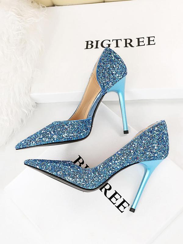 Women's Glitter Pointed Toe High Heel Shoes, Pu Leather Slip on Heels for Party Wedding Evening, Fashionable Heels for Women