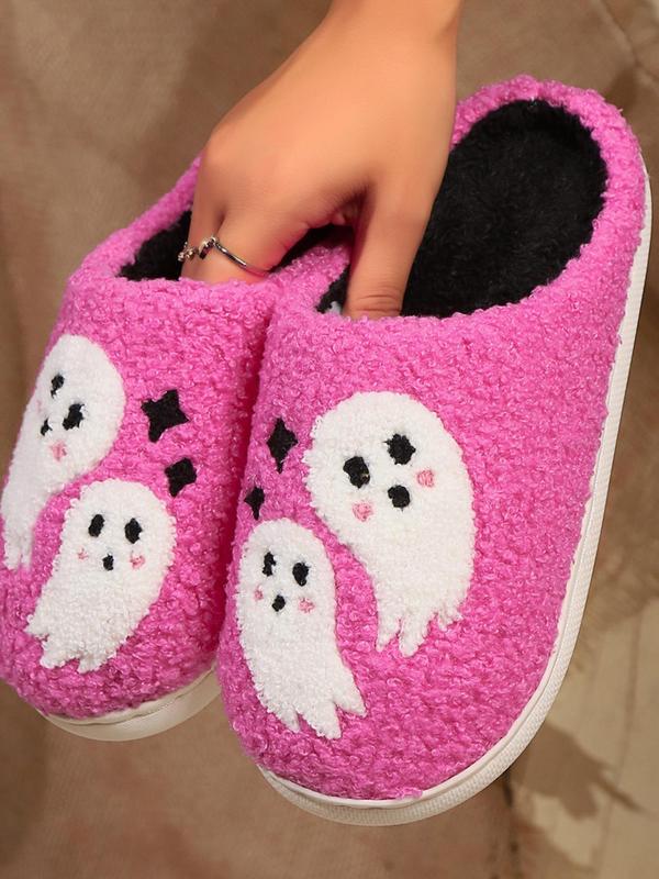 Women's Halloween Themed Ghost Pattern Fluffy Slippers for Gift, Thick Sole Plush House Slippers for Women, Casual Soft Comfortable Home Slippers, Warm Shoe for Indoor & Outdoor Use for Fall & Winter, Birthday Gifts