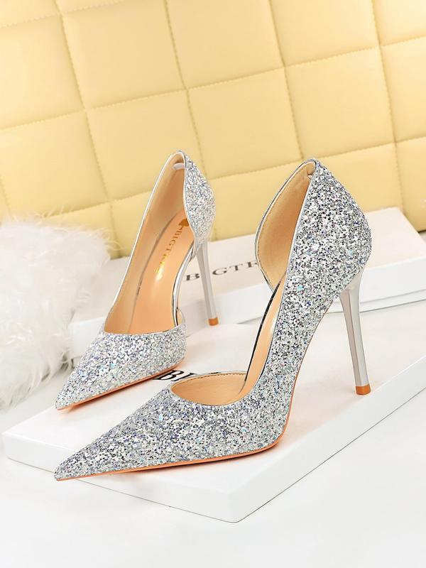 Women's Glitter Pointed Toe High Heel Shoes, Pu Leather Slip on Heels for Party Wedding Evening, Fashionable Heels for Women