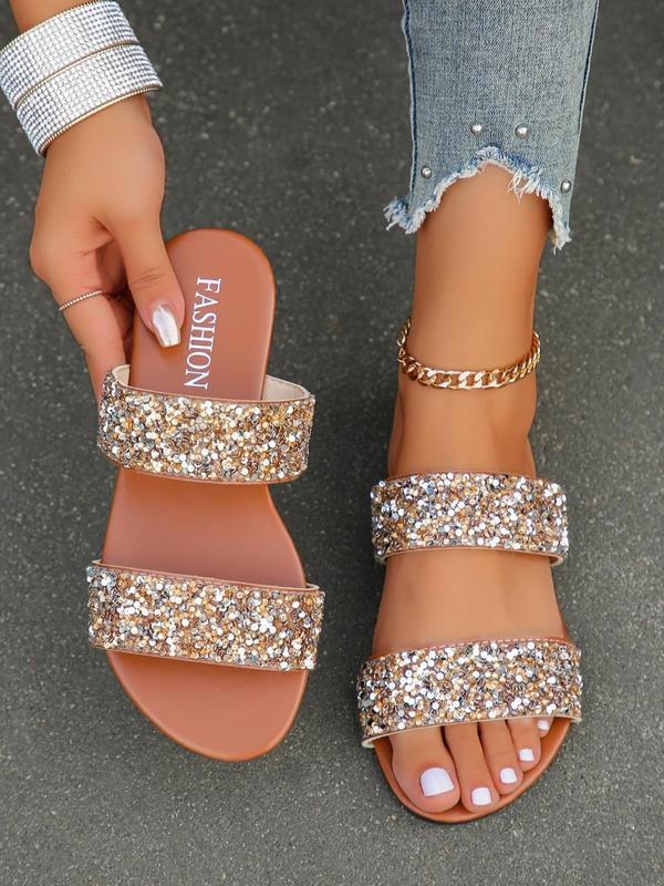 Women's Fashionable Sequins Decorated Flat Sandals, Casual Glittering Round Toe Slip on Sandals for Summer, Lightweight Breathable Comfortable Shoes for Daily Wear