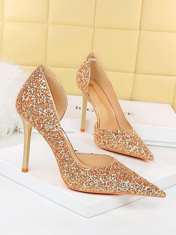 Women's Glitter Pointed Toe High Heel Shoes, Pu Leather Slip on Heels for Party Wedding Evening, Fashionable Heels for Women