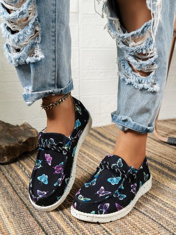 Women's Fashion Butterfly Print Slip on Low Top Sneakers, 1 Pair Casual Comfortable Sports Shoes for Daily Wear, Trendy Floral Print Slip on Flat Shoes