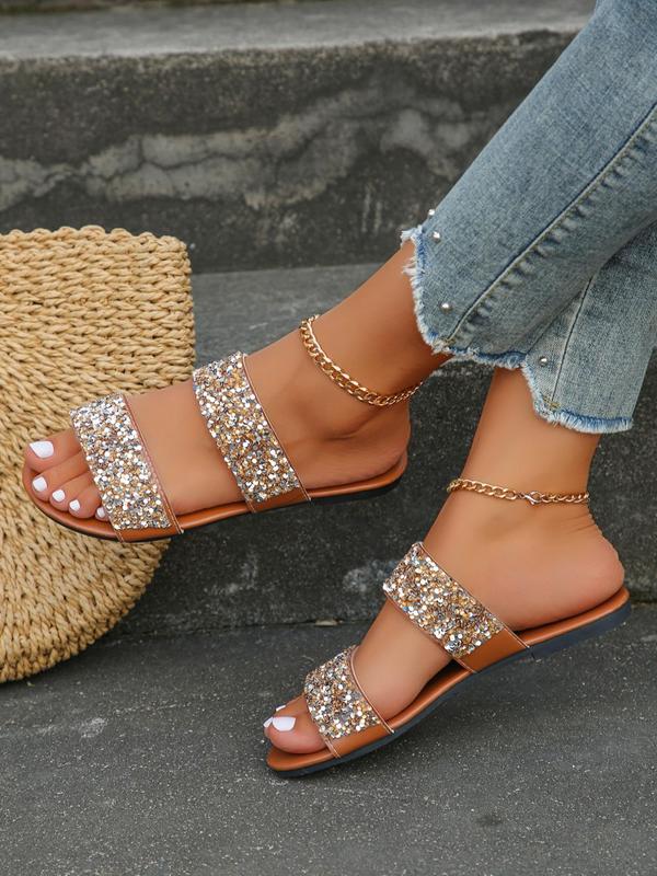 Women's Fashionable Sequins Decorated Flat Sandals, Casual Glittering Round Toe Slip on Sandals for Summer, Lightweight Breathable Comfortable Shoes for Daily Wear